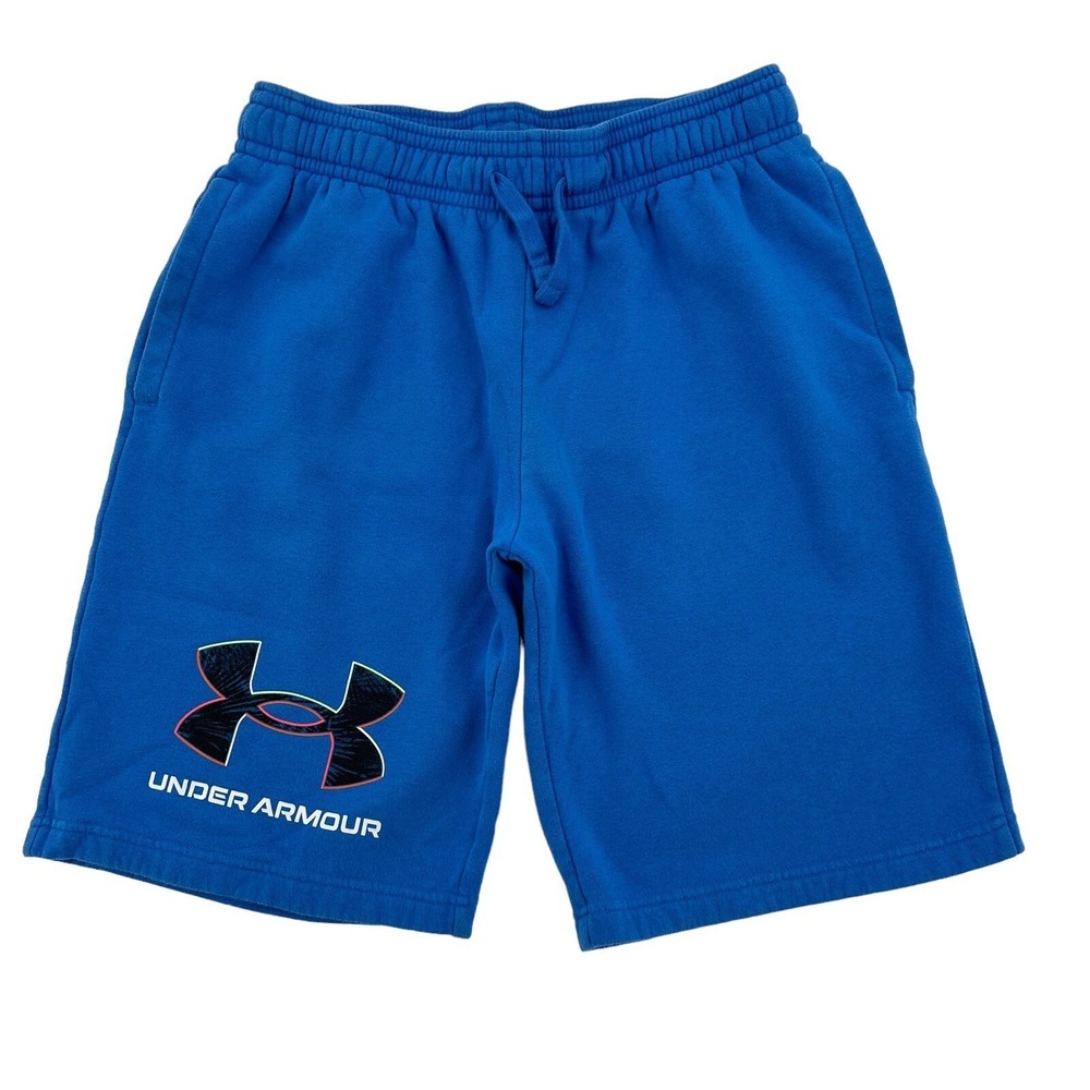 Under Armour Boys Blue Fleece Athletic Shorts Large LG Logo Pockets Drawstring